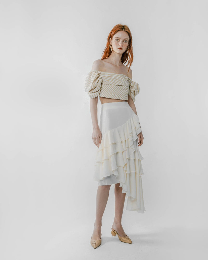 Cream Asymmetric Ruffled Skirt