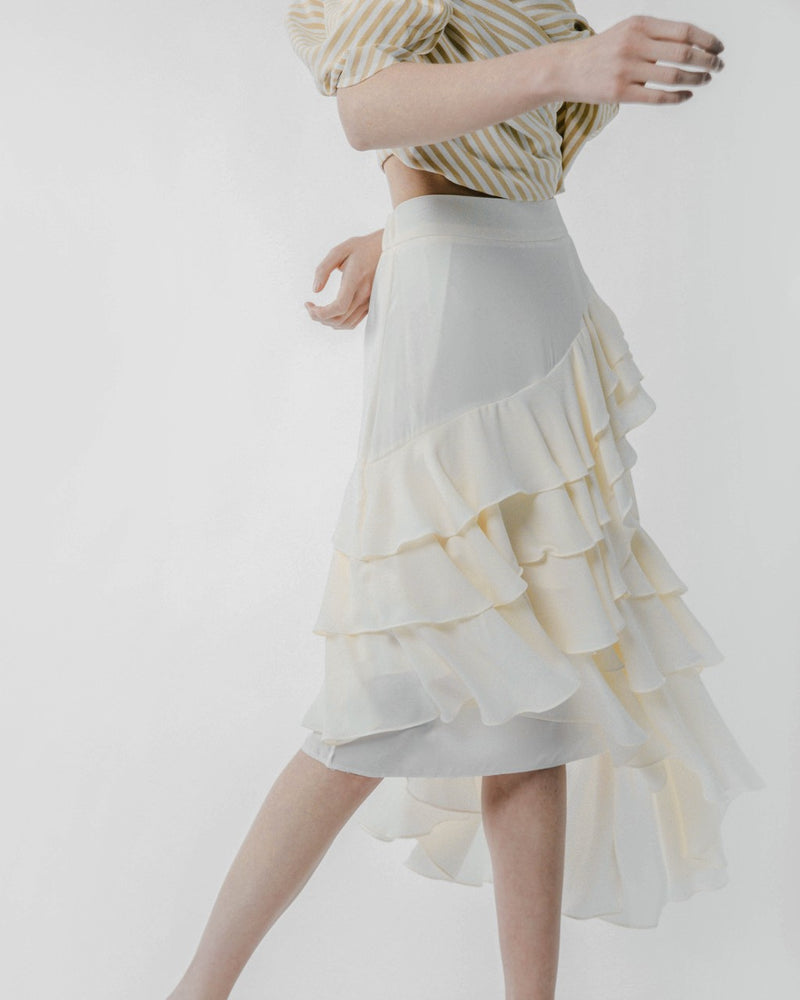 Cream Asymmetric Ruffled Skirt