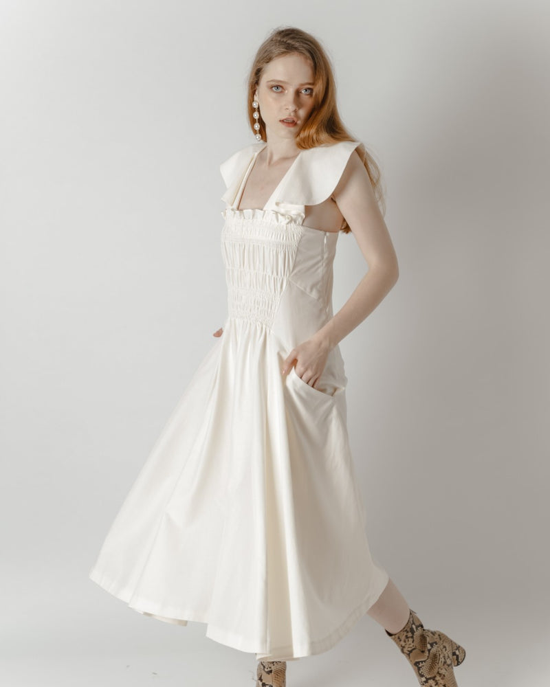 Cream Smocked Midi Dress
