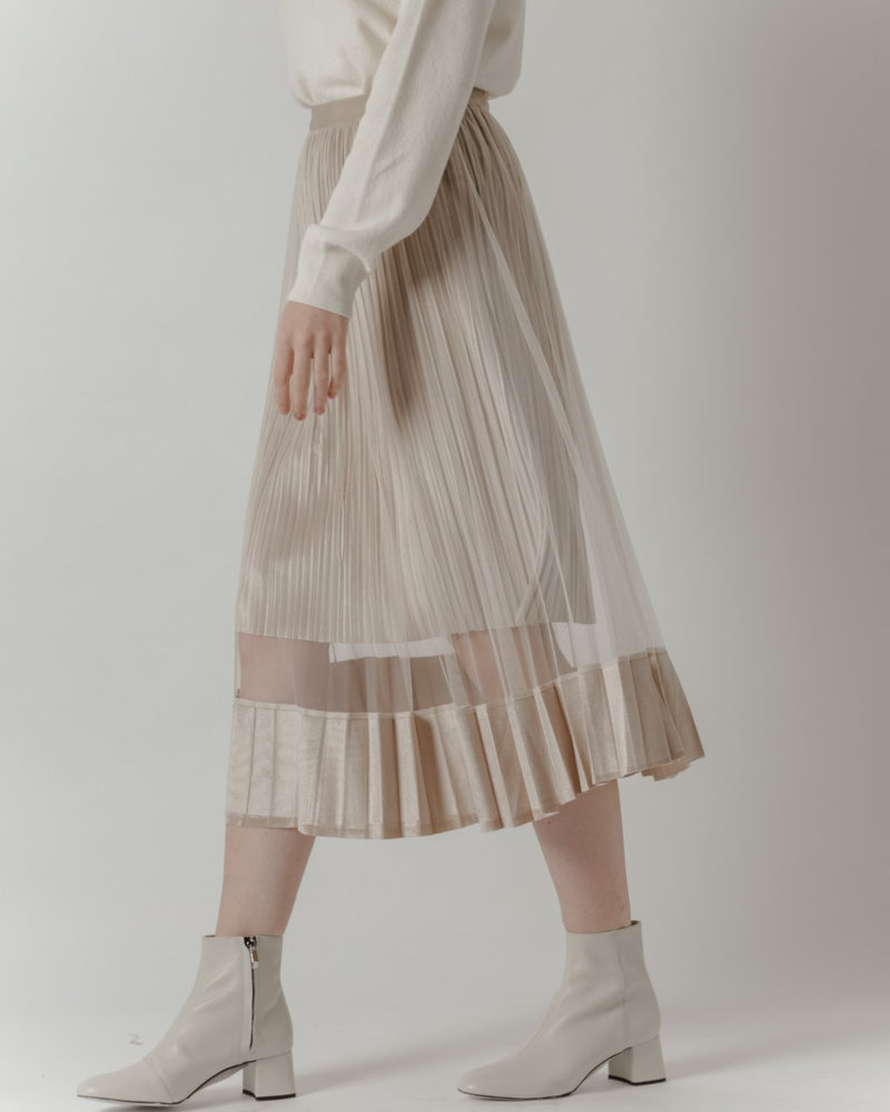 Pleated Cream Tulle Midi Skirt
