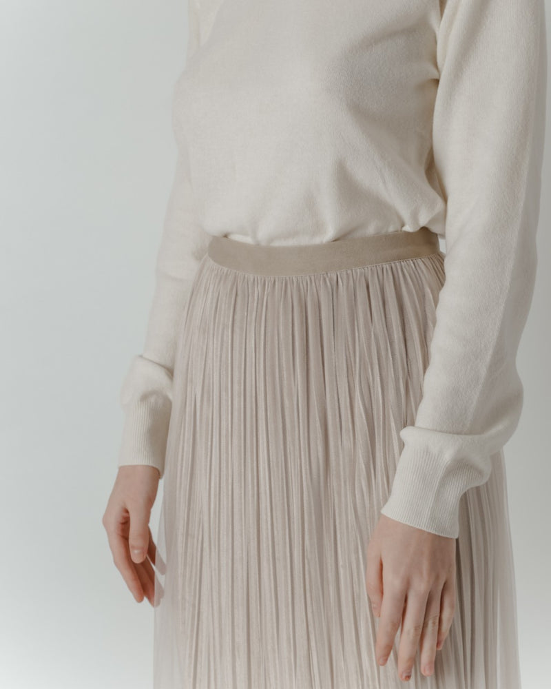 Pleated Cream Tulle Midi Skirt