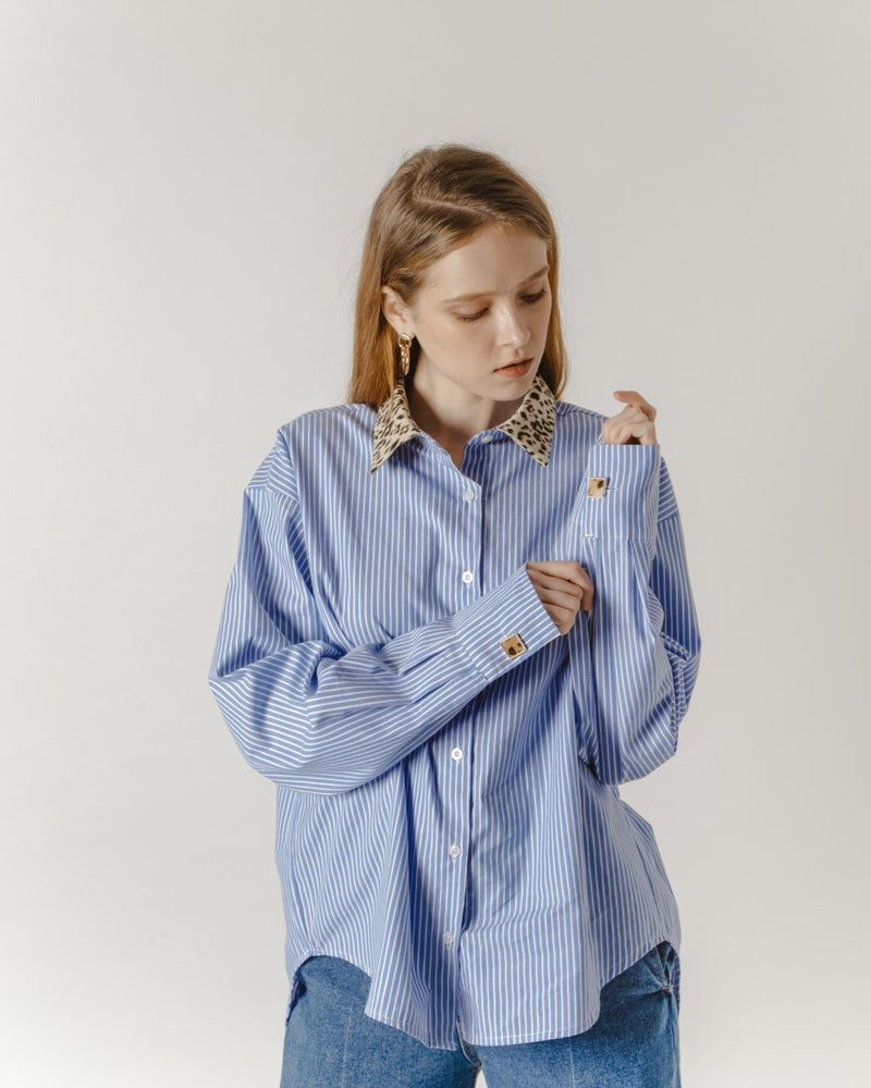 Blue Striped Shirt With Leopard Print Collar