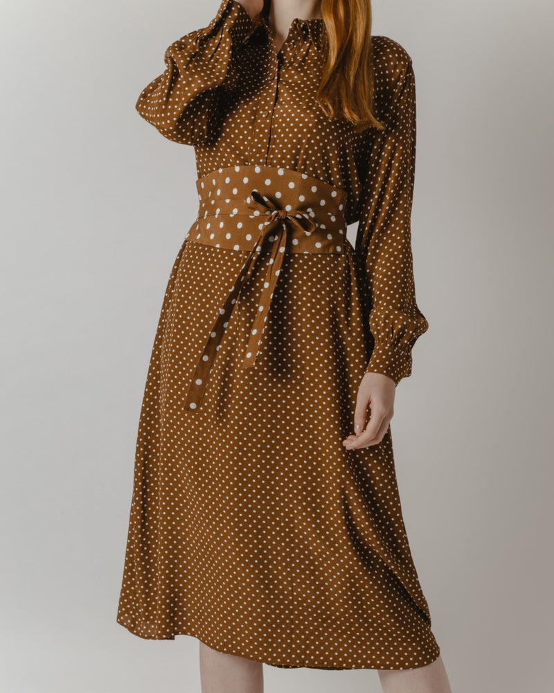 Belted Brown Polka-Dot Midi Dress