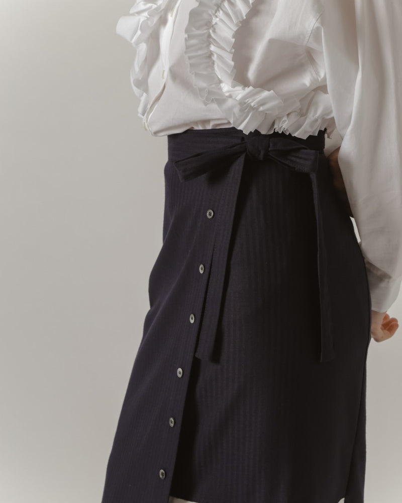 Navy Pinstripe Wrap Skirt With Pleats